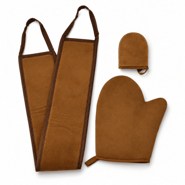 Brown self-tanning mitt set consisting of a large glove, small mitt, and application strap on a white background.