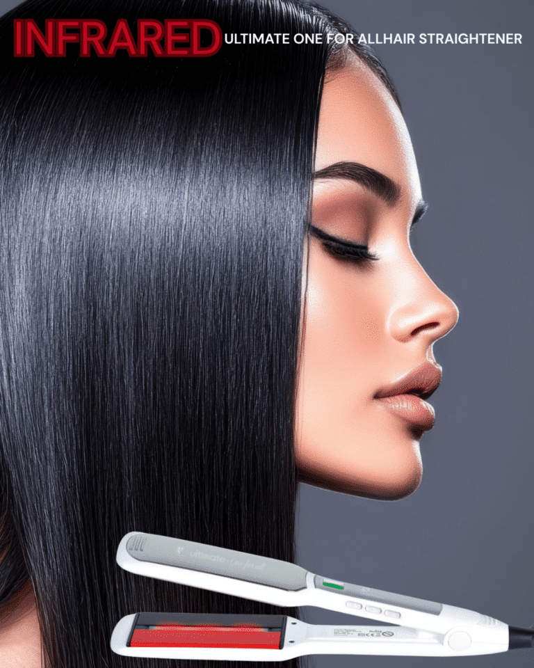 Hair straightener with titanium, ceramic, tourmaline plates, and infrared technology beside a model with sleek hair.