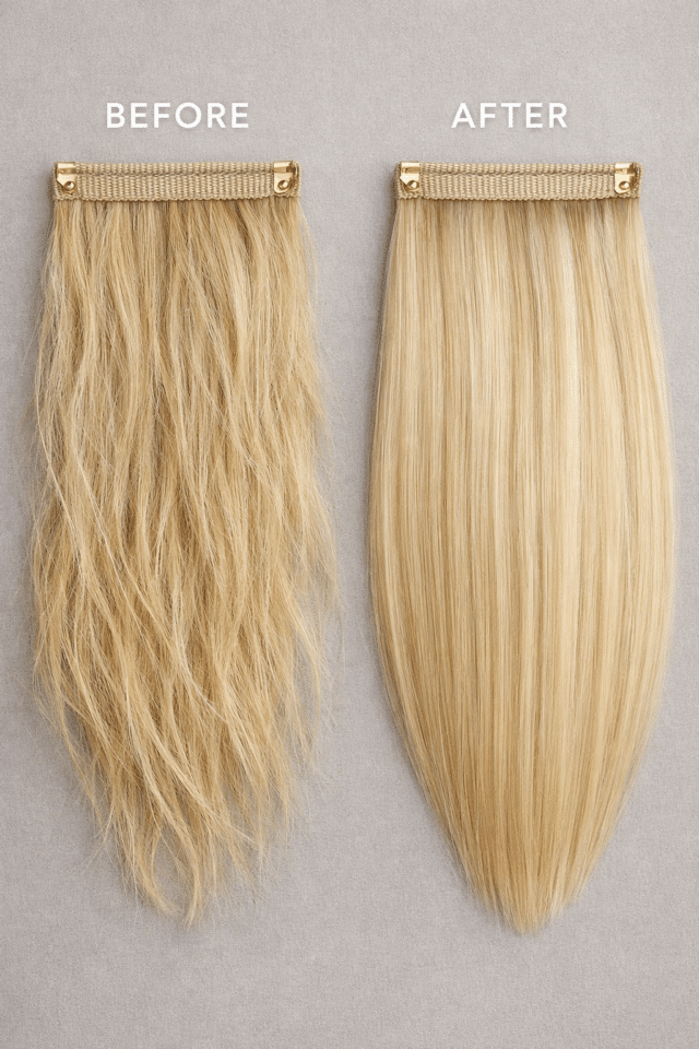 Before and after comparison of two blonde hair extensions, showing tangled versus smooth and straightened texture.