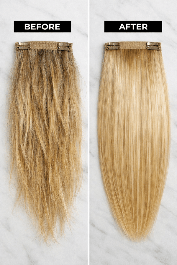 Before and after comparison of clip-in hair extensions, showing transformation from frizzy to smooth texture.