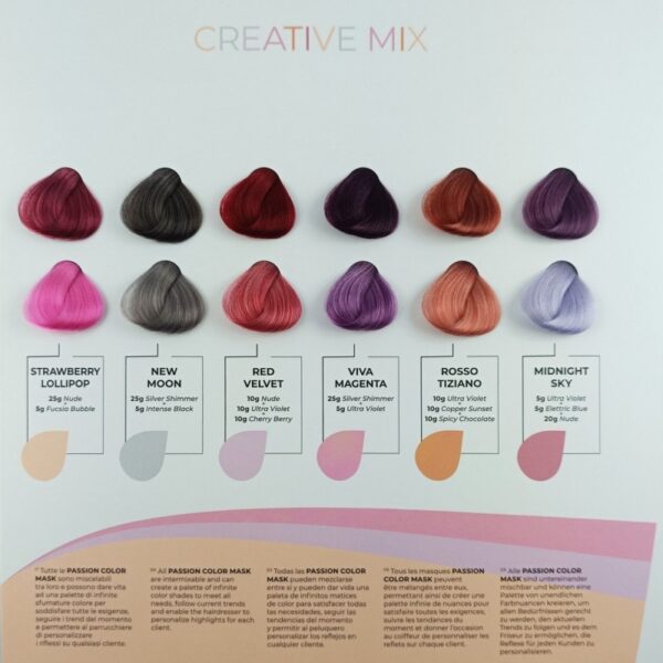 Creative hair color samples labeled with names and ingredients, including shades like Strawberry Lollipop and Midnight Sky.