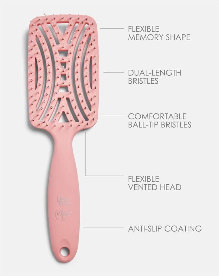 Pink hairbrush featuring flexible memory shape, dual-length bristles, ball-tip bristles, vented head, and anti-slip coating.